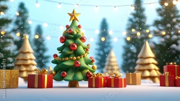 Obraz Festive christmas tree display with gifts in winter wonderland cheerful holiday atmosphere