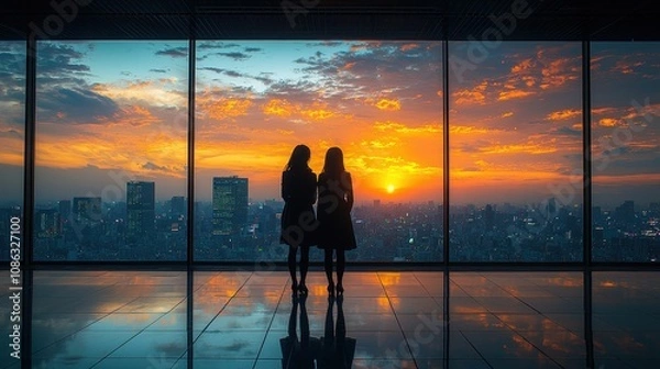 Fototapeta Silhouetted Figures of Two Women Against a Vibrant Sunset Over a City Skyline Viewed from a Modern Office Building with Glossy Floor and Panoramic Windows