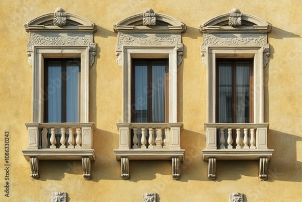 Fototapeta Three ornate windows with balconies on a yellow building.