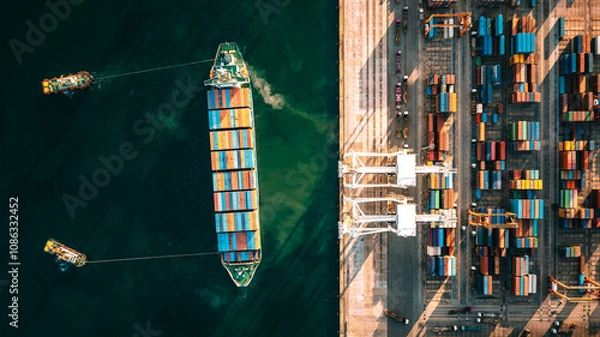 Obraz Top view of a large cargo ship loading and unloading containers at a deep sea port. Aerial view of international shipping and logistics hu