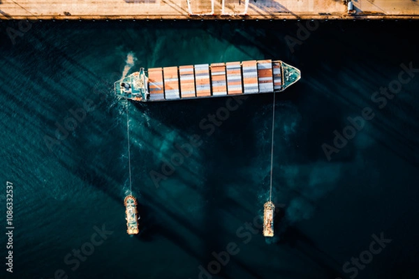 Obraz Top view of a large cargo ship loading and unloading containers at a deep sea port. Aerial view of international shipping and logistics hu