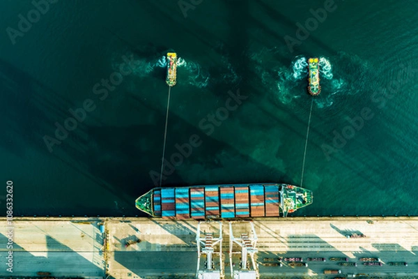Obraz Top view of a large cargo ship loading and unloading containers at a deep sea port. Aerial view of international shipping and logistics hu