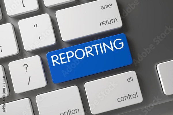 Fototapeta Concept of Reporting, with Reporting on Blue Enter Button on Aluminum Keyboard. Reporting Concept Modern Keyboard with Reporting on Blue Enter Button Background, Selected Focus. 3D.