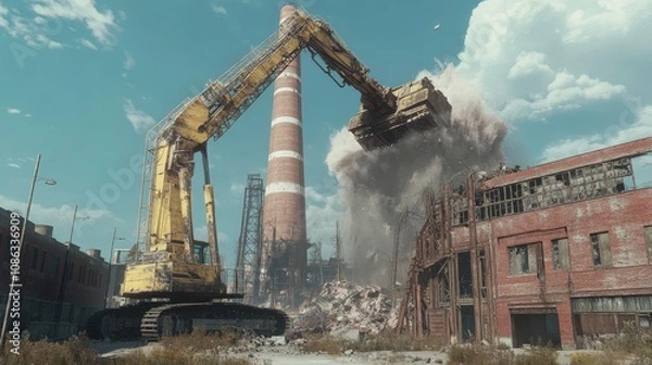 Fototapeta Imagine a towering chimney stack demolition machine.