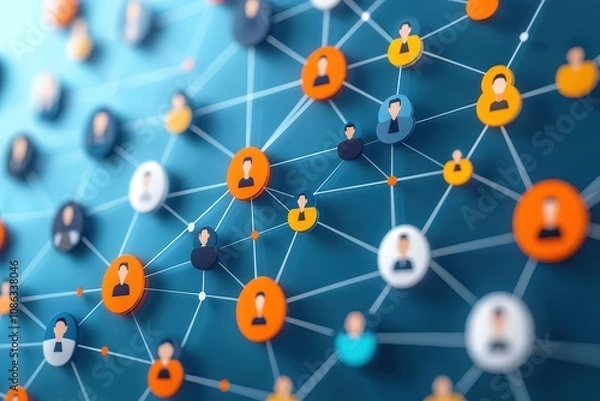 Obraz Conceptual representation of interconnected social networks with colorful nodes and abstract profiles highlighting digital communication in a modern society