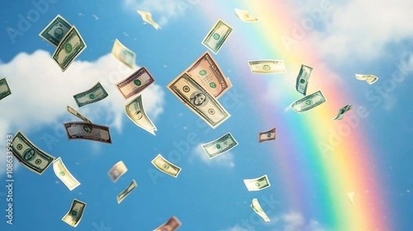 Fototapeta Banknotes falling from a bright blue sky with a rainbow in the background