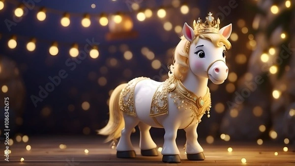 Fototapeta Playful Animated Horse Character with Golden Crown and Charming Smile