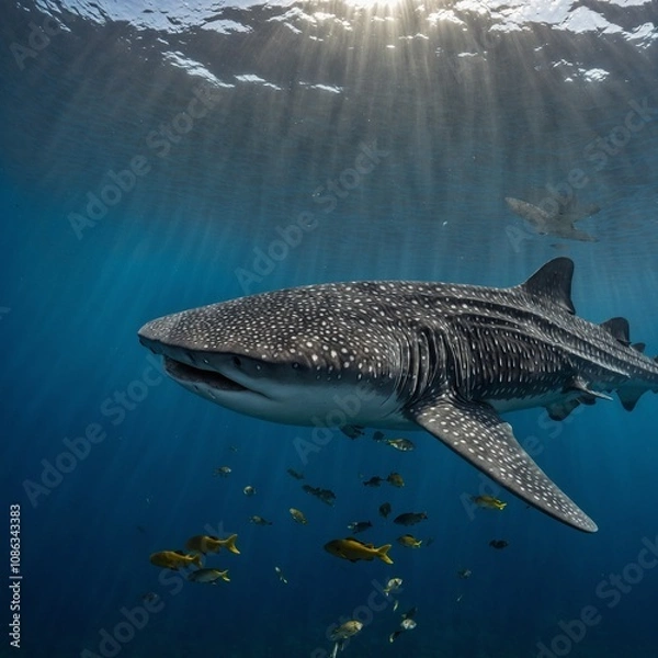 Fototapeta A gentle whale shark with smaller fish, like remoras, riding along its back.

