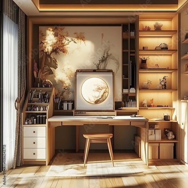 Fototapeta Minimalist Home Office with Warm Wood Tones and Natural Light.