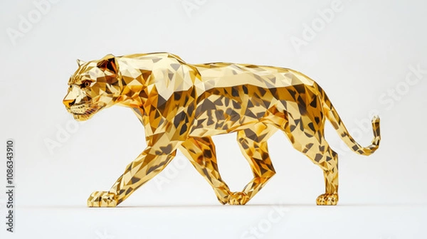 Fototapeta 3D abstract low-poly golden leopard made of geometric shapes white background. deformed cool robotic animal fashion wallpaper