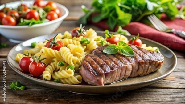 Fototapeta Grilled steak, fresh salad, and pasta on a plate with a focus on healthy and delicious meal , Grilled, steak, salad, pasta