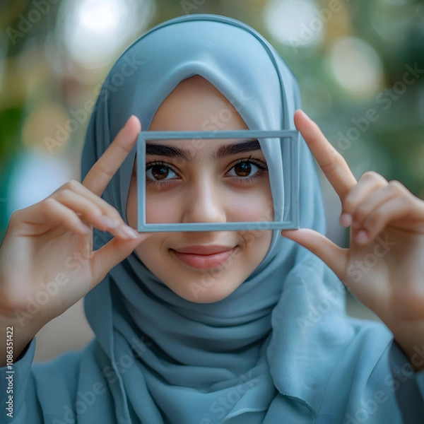Fototapeta A young woman in a hijab holds a rectangular frame in front of her face, creating a playful and artistic portrait against a blurred background.
