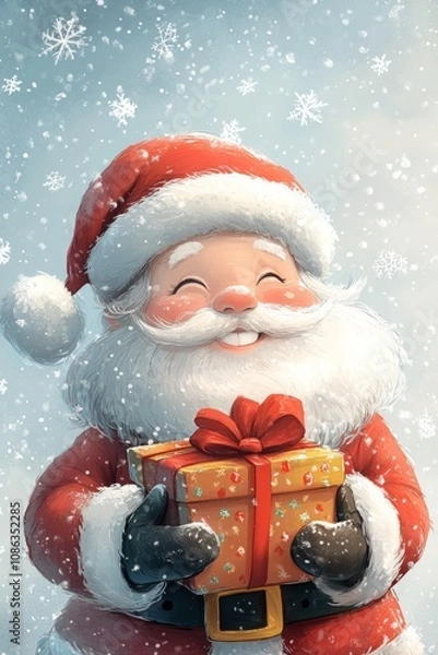 Fototapeta Santa Claus joyfully holds a beautifully wrapped present adorned with a red bow, surrounded by a magical winter wonderland of glistening snowflakes.