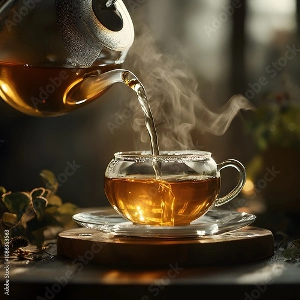 Fototapeta A steaming cup of tea being poured from a teapot, set in a cozy atmosphere with soft lighting and natural elements.