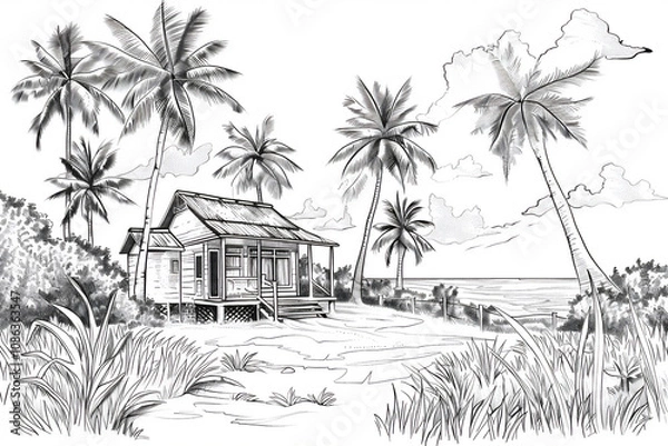 Fototapeta Coloring sketch of house with trees version 41