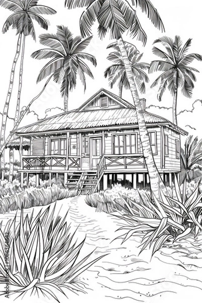 Fototapeta Coloring sketch of house with trees version 33