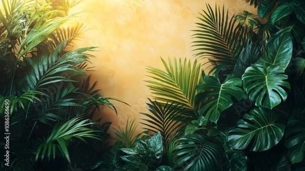 Fototapeta Lush green foliage against a warm, textured background, creating a serene atmosphere.