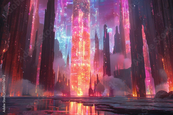 Fototapeta A futuristic city buzzing with energy, glowing rain reflections, all rendered in stunning, cinematic detail made with generative ai