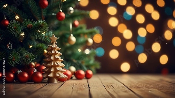 Fototapeta Christmas background and Christmas tree and sparkling bokeh lights in winter, merry christmas card holiday Happy New Year, space for text