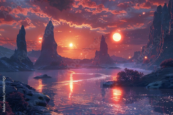 Fototapeta A mesmerizing alien landscape with radiant vegetation, light-filled rivers, dual-sun shadows, and surreal rock shapes, captured in a hyper-detailed, vibrant atmosphere, made with generative ai