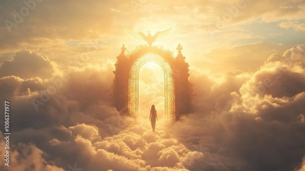 Obraz Woman Walking Towards Heavenly Golden Gate