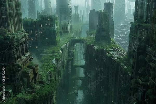 Fototapeta "A post-apocalyptic city overtaken by vines and nature, captured in a dystopian yet optimistic ultra-detailed scene. made with generative ai