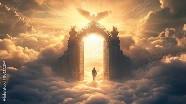 Obraz Angelic Wings Gate Heaven Clouds Man Journey