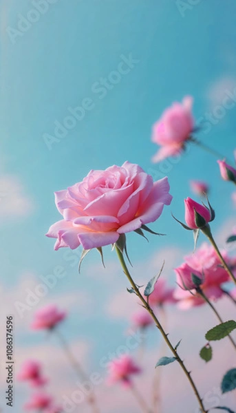 Fototapeta A single pink rose stands tall with a soft blue sky in the background. This image captures the beauty and elegance of nature, perfect for floral-themed designs.