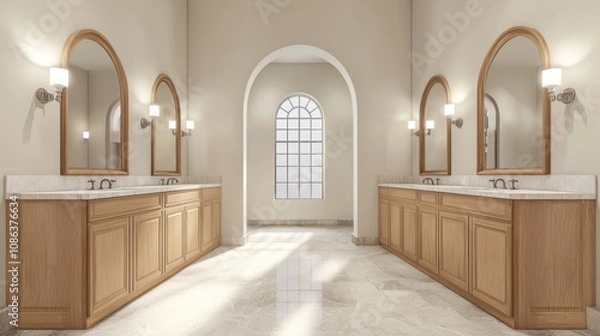 Fototapeta Modern bathroom with wooden cabinets, dual sinks, and arched mirrors, light background. Contemporary home or hotel concept. 3D Rendering 