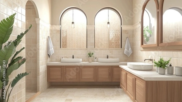 Fototapeta Modern bathroom with wooden cabinets, dual sinks, and arched mirrors, light background. Contemporary home or hotel concept. 3D Rendering 