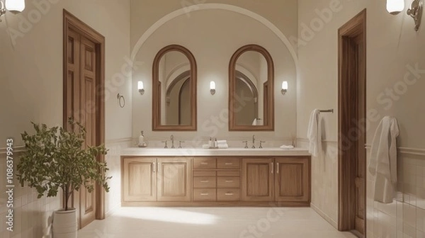 Fototapeta Modern bathroom with wooden cabinets, dual sinks, and arched mirrors, light background. Contemporary home or hotel concept. 3D Rendering 