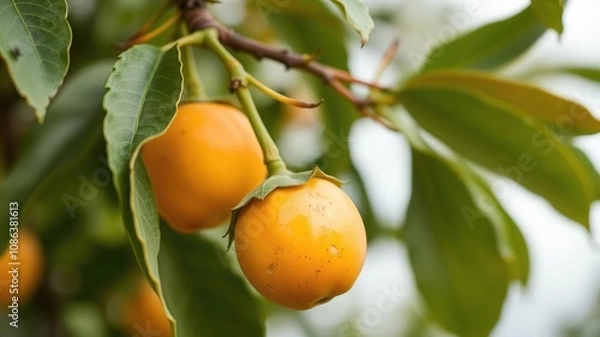 Fototapeta Close-up shot of a single ripe Alphonsomango on a branch, summer fruit, indian mango