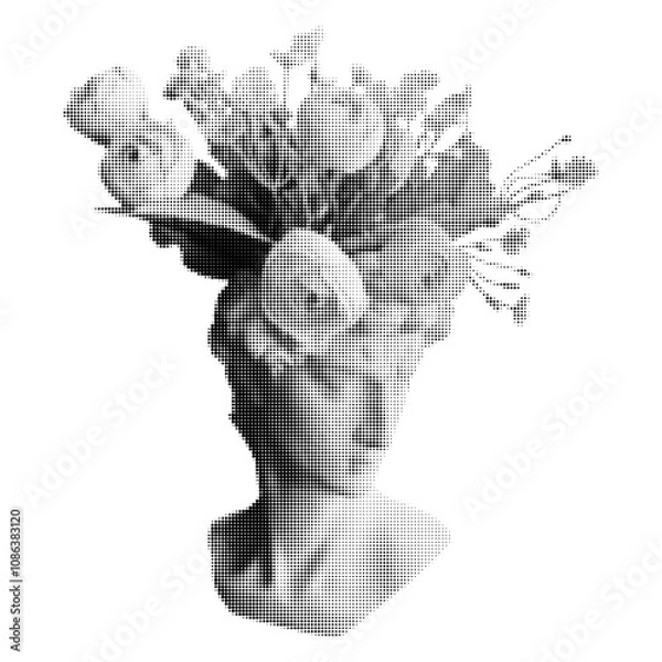 Obraz Greek head in grunge style. Antique collage in halftone effect. Spot and puzzle. Y2k elements. Doodle. Funky statue. Minimal circle grid. Mosaic. Social media. Retro vintage . Pointillist. Dots