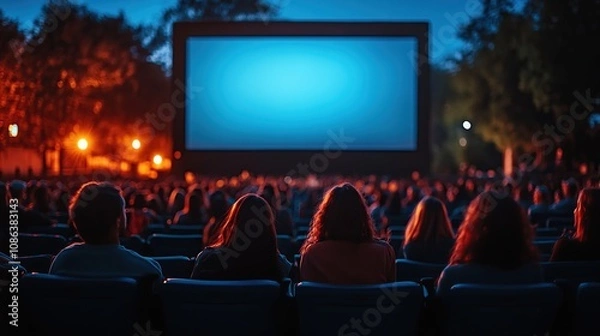 Fototapeta Outdoor movie screening at dusk with an audience watching a large screen.