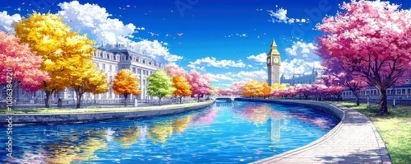 Fototapeta Serene Spring Landscape with Cherry Blossoms and Iconic Clock Tower Reflected in Calm Waters Under a Luminous Blue Sky with Fluffy White Clouds and Vibrant Nature