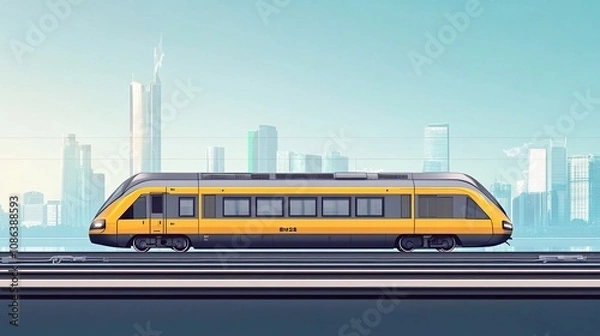 Fototapeta A sleek, modern train travels through a cityscape, showcasing urban transport design.