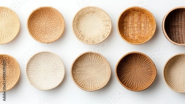 Fototapeta A collection of intricately designed ceramic bowls in various earthy tones, showcasing craftsmanship and aesthetic appeal.