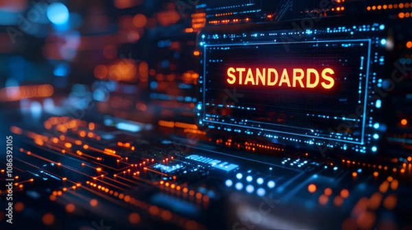 Fototapeta Futuristic Technology Network Background with Blue and Orange Circuits and Data Standards Visualization