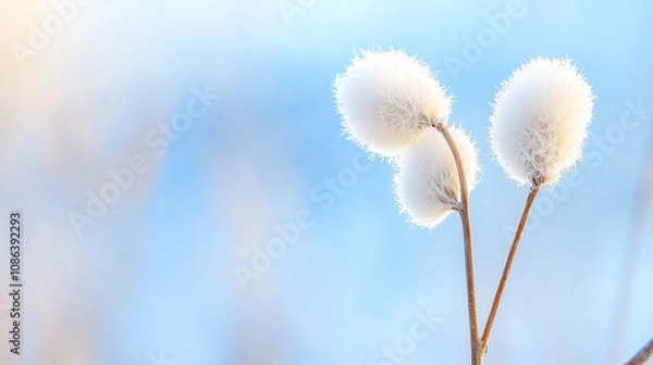 Fototapeta Winter's Delicate Embrace: Three fluffy seed heads on a slender stem, bathed in soft, pastel light against a blurred sky. A tranquil image evoking serenity and the quiet beauty of nature. 