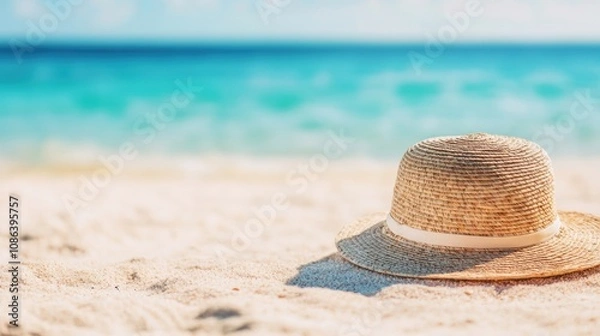 Fototapeta A straw hat lies on warm sand beside clear blue water, capturing a serene beach atmosphere under a radiant sun