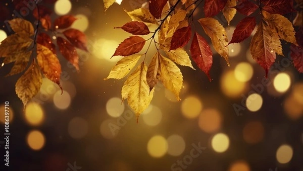 Fototapeta Festive Autumn Background with Golden Leaves and Warm Bokeh