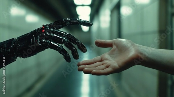 Fototapeta A robotic hand reaching towards a human hand in a corridor, symbolizing connection and coexistence.