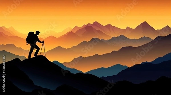 Fototapeta A silhouetted hiker stands on a mountain peak against a vibrant sunset backdrop.