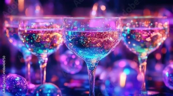 Obraz Celebratory toast with glasses of color-shifting molecular cocktails, their surfaces alive with mesmerizing holographic patterns.