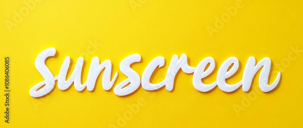 Fototapeta Word SUNSCREEN written with white cream strokes on vibrant yellow background. SPF smear text cut out. Summer, travel, skincare concept. 