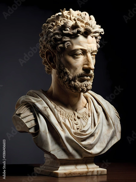 Fototapeta A stoic bust of Marcus Aurelius, sculpted from weathered marble with cracks and veins that hint at the passage of time, bathed in dramatic chiaroscuro lighting that accentuates