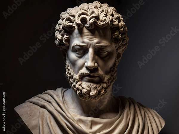 Fototapeta A stoic bust of Marcus Aurelius, sculpted from weathered marble with cracks and veins that hint at the passage of time, bathed in dramatic chiaroscuro lighting that accentuates