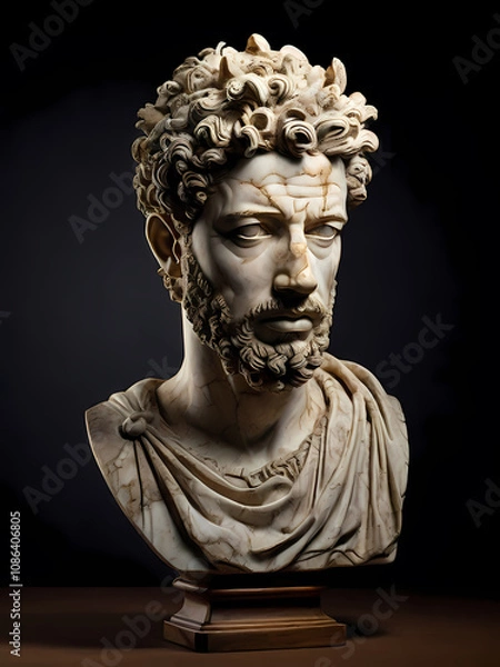 Fototapeta A stoic bust of Marcus Aurelius, sculpted from weathered marble with cracks and veins that hint at the passage of time, bathed in dramatic chiaroscuro lighting that accentuates