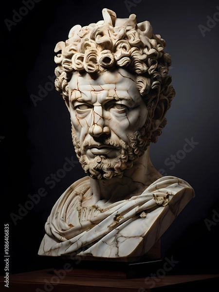 Fototapeta A stoic bust of Marcus Aurelius, sculpted from weathered marble with cracks and veins that hint at the passage of time, bathed in dramatic chiaroscuro lighting that accentuates