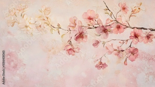 Fototapeta Delicate and tranquil image of a faint cherry blossom watermark on a pale pink background with soft floral details and petals softly emerging in the background
